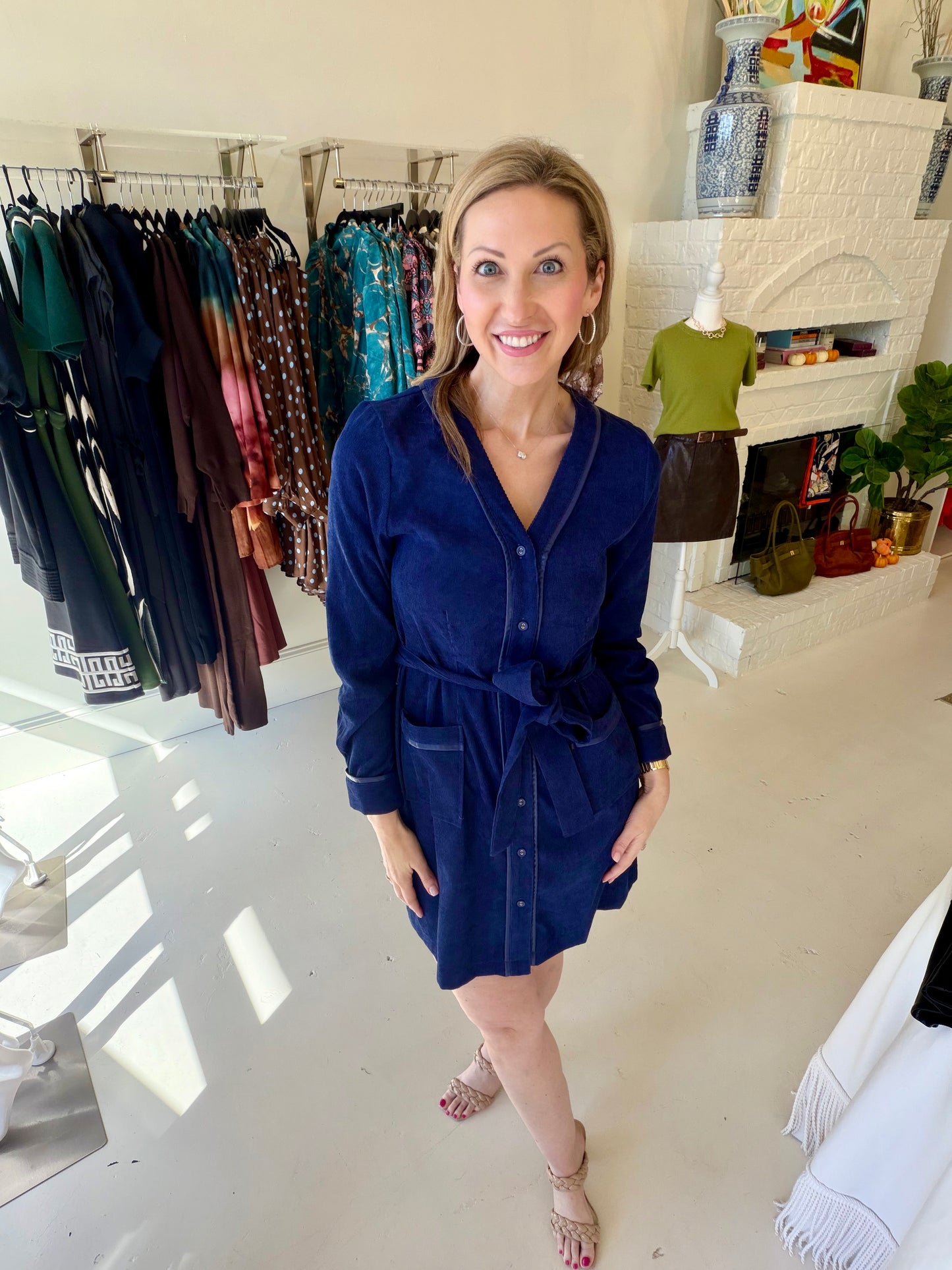 Jade V-Neck Trimmed Buttondown Dress- Navy