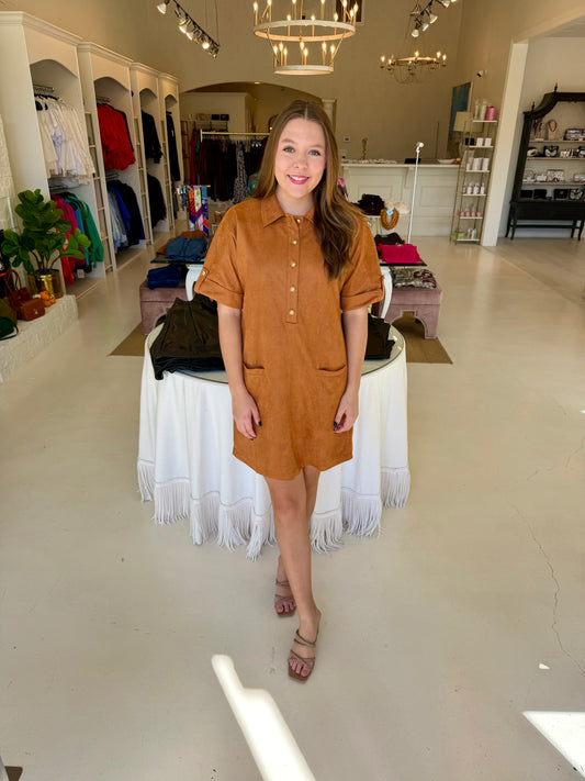 Jade Placket Welt Pocket Dress- Whiskey