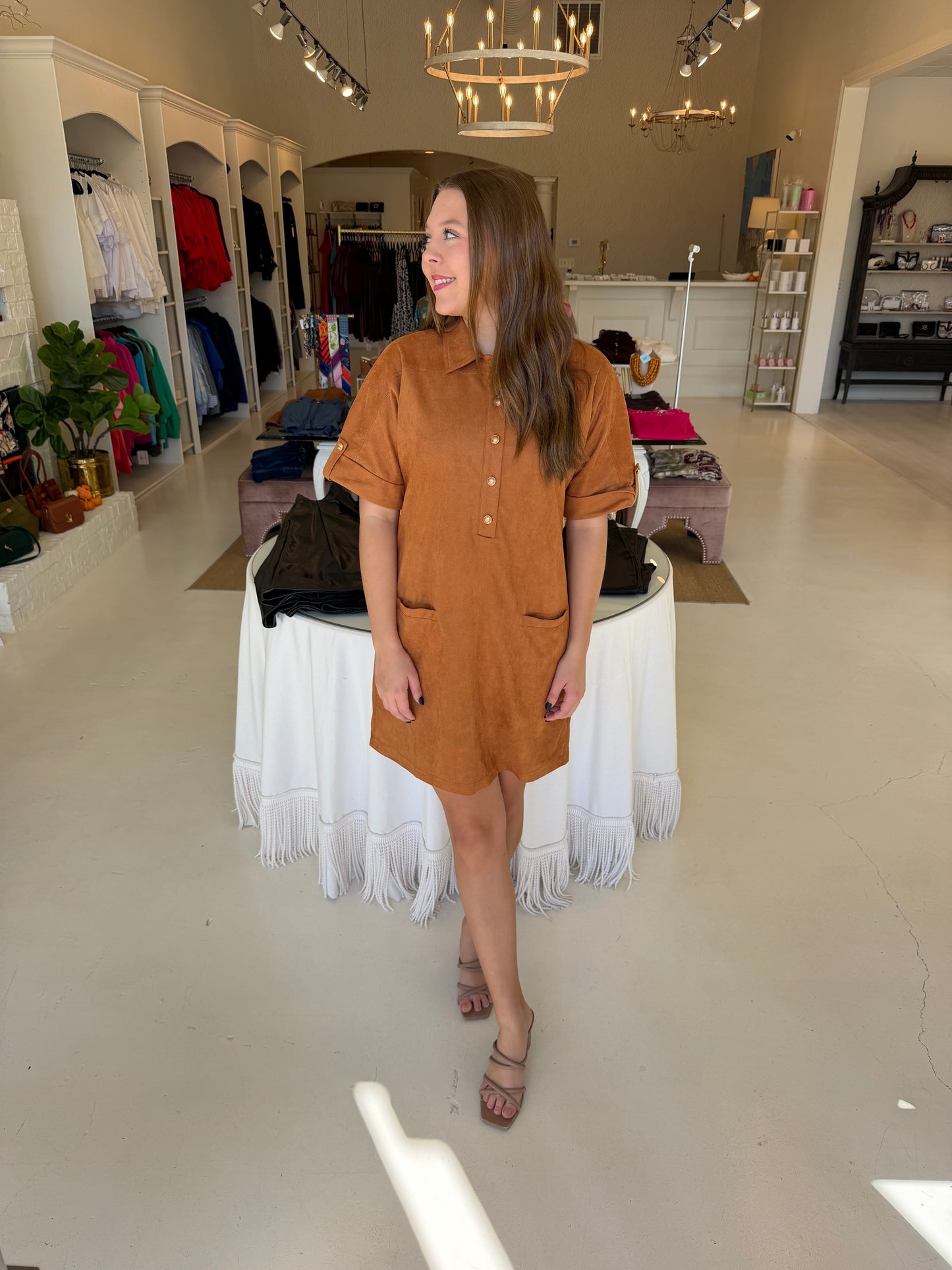 Jade Placket Welt Pocket Dress- Whiskey
