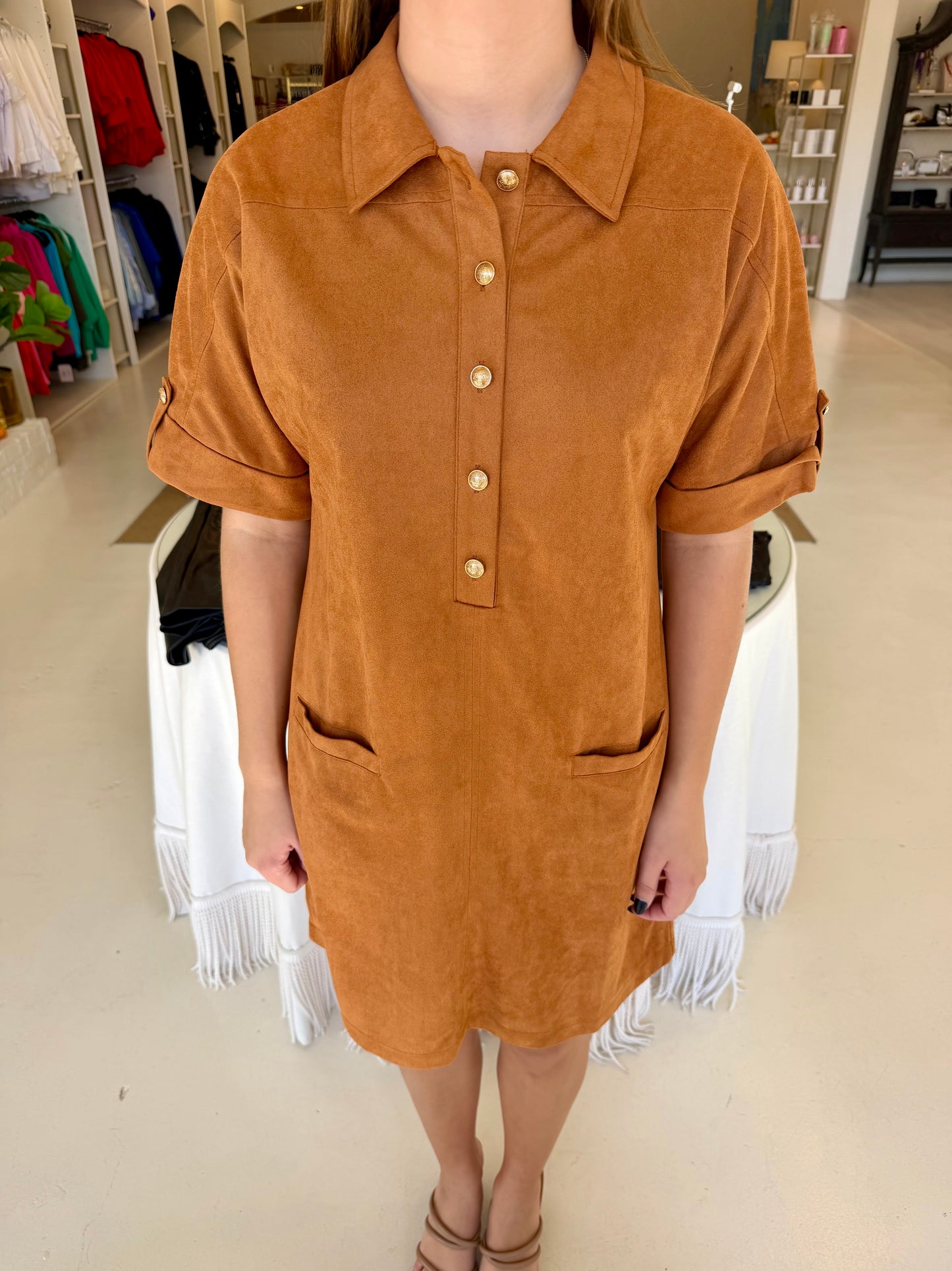 Jade Placket Welt Pocket Dress- Whiskey