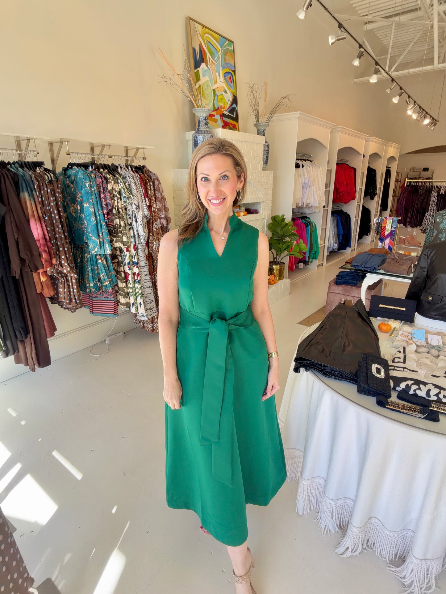 Jade Stand Collar Dress- Emerald