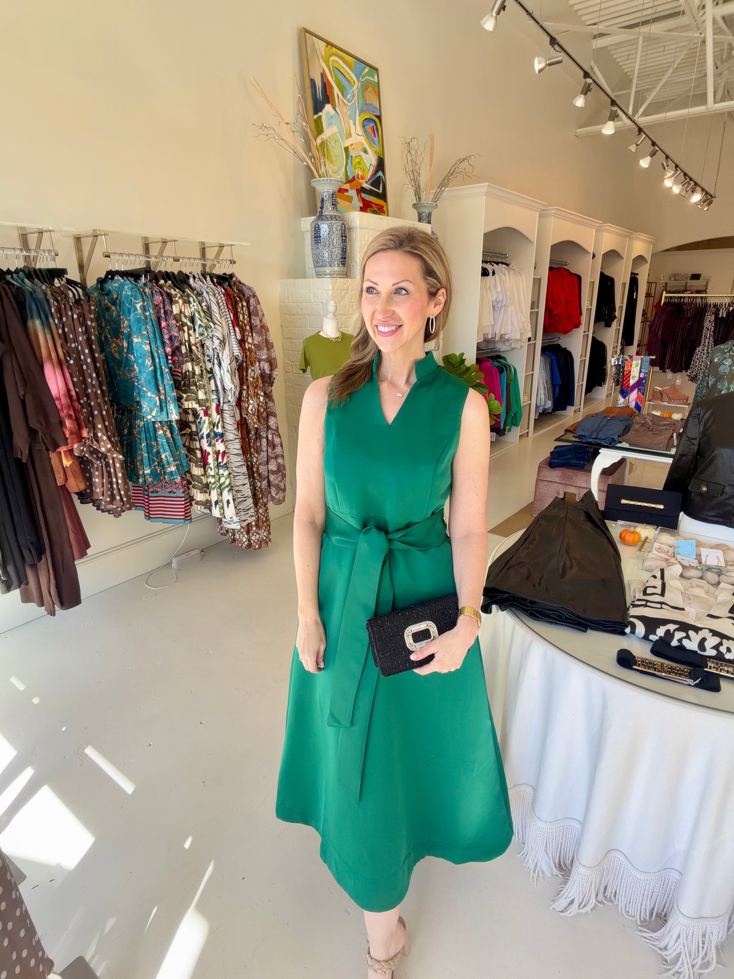 Jade Stand Collar Dress- Emerald