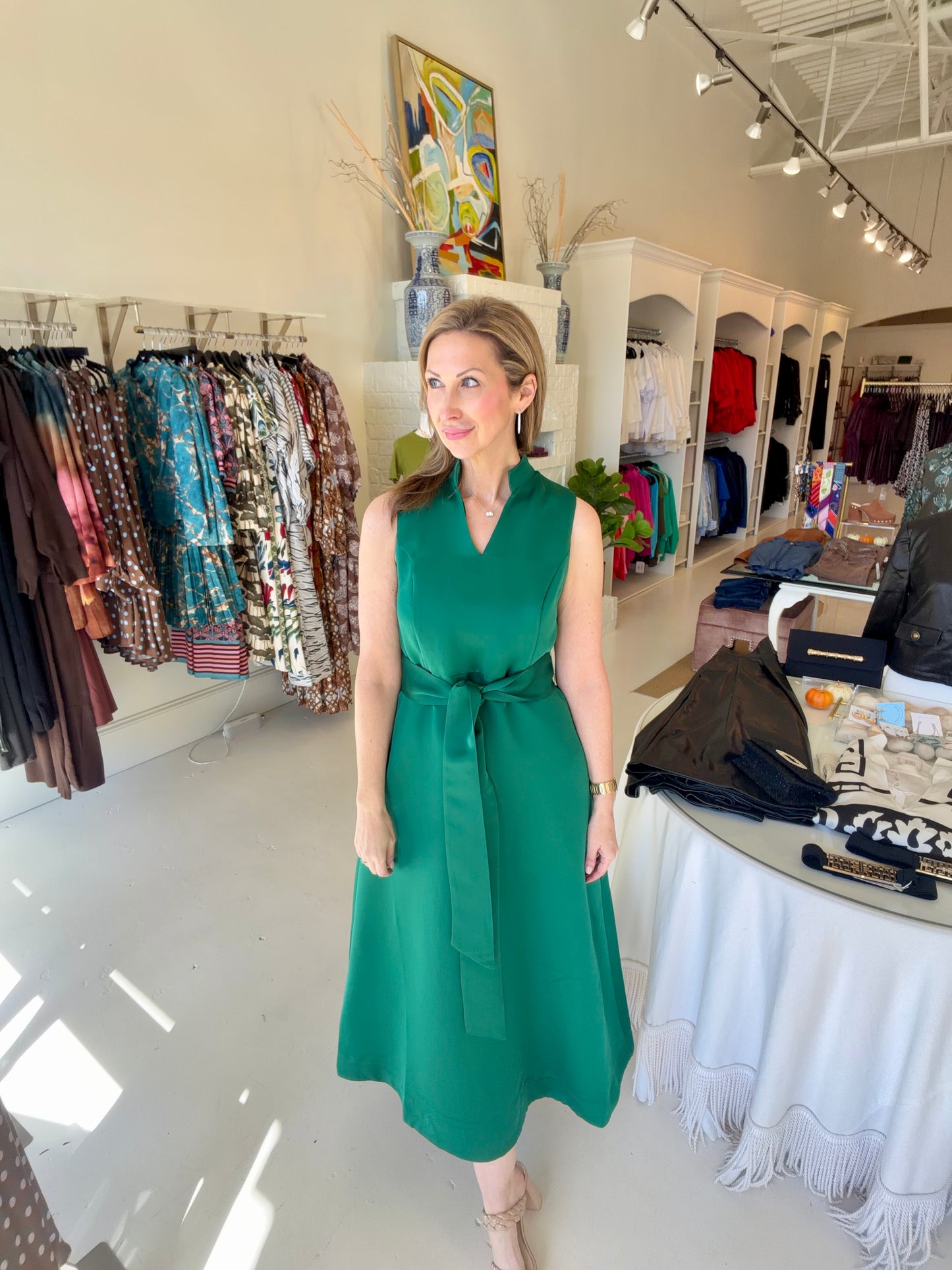 Jade Stand Collar Dress- Emerald