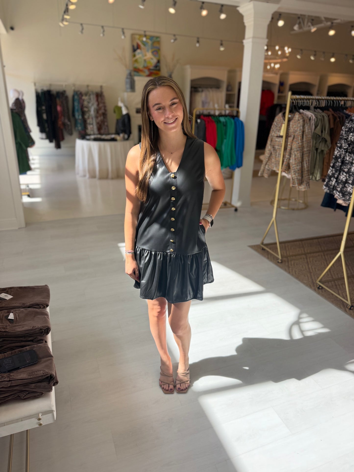 JoyJoy Leather V-Neck Button Front Dress- Black