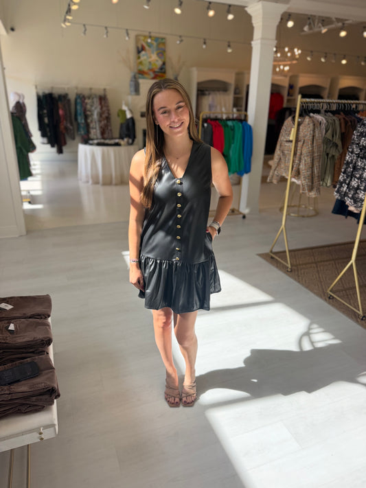 JoyJoy Leather V-Neck Button Front Dress- Black