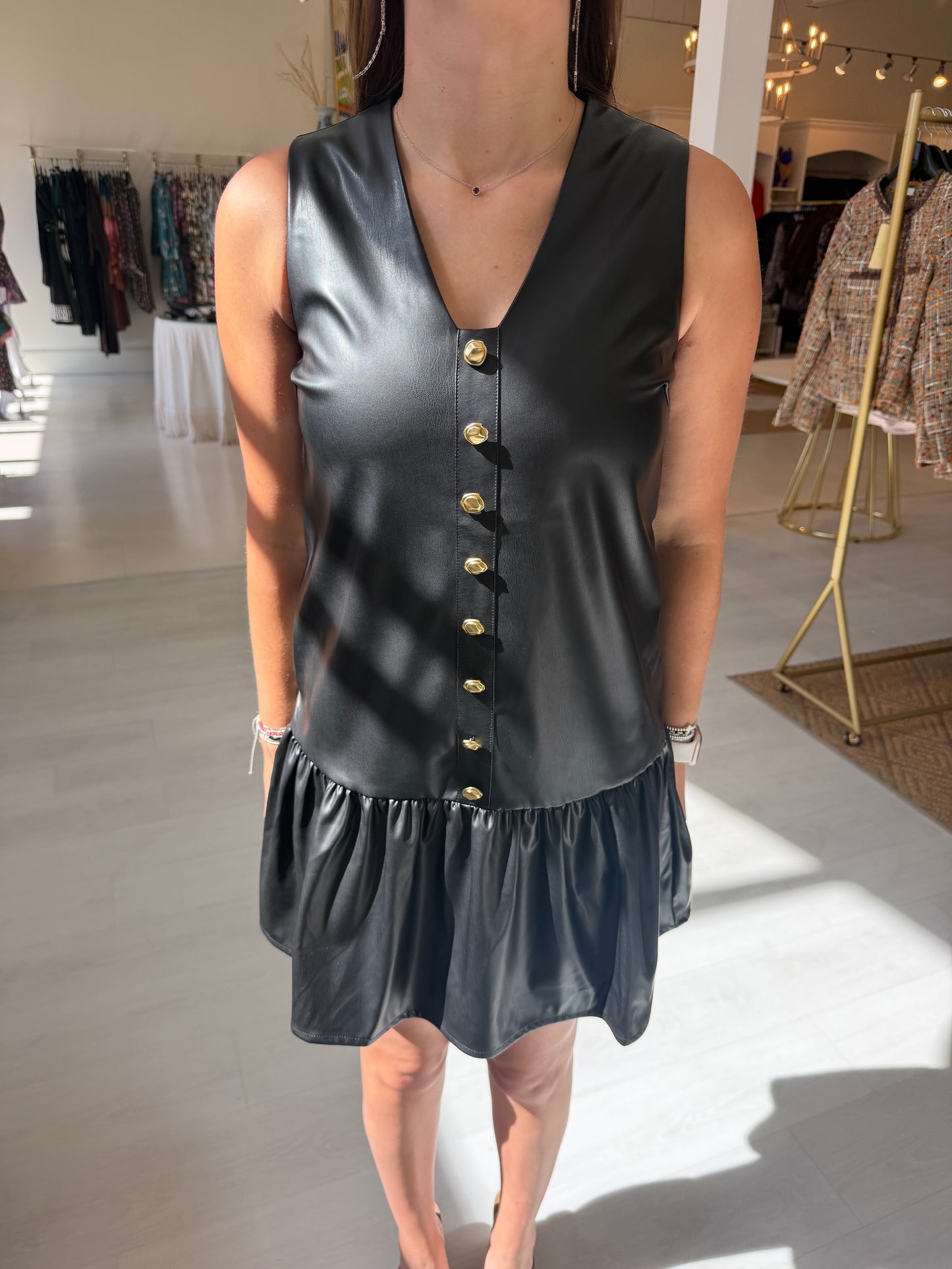 JoyJoy Leather V-Neck Button Front Dress- Black