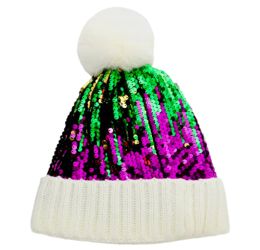 EAB Favorites Mardi Gras Sequin Pom Pom Beanie Hat