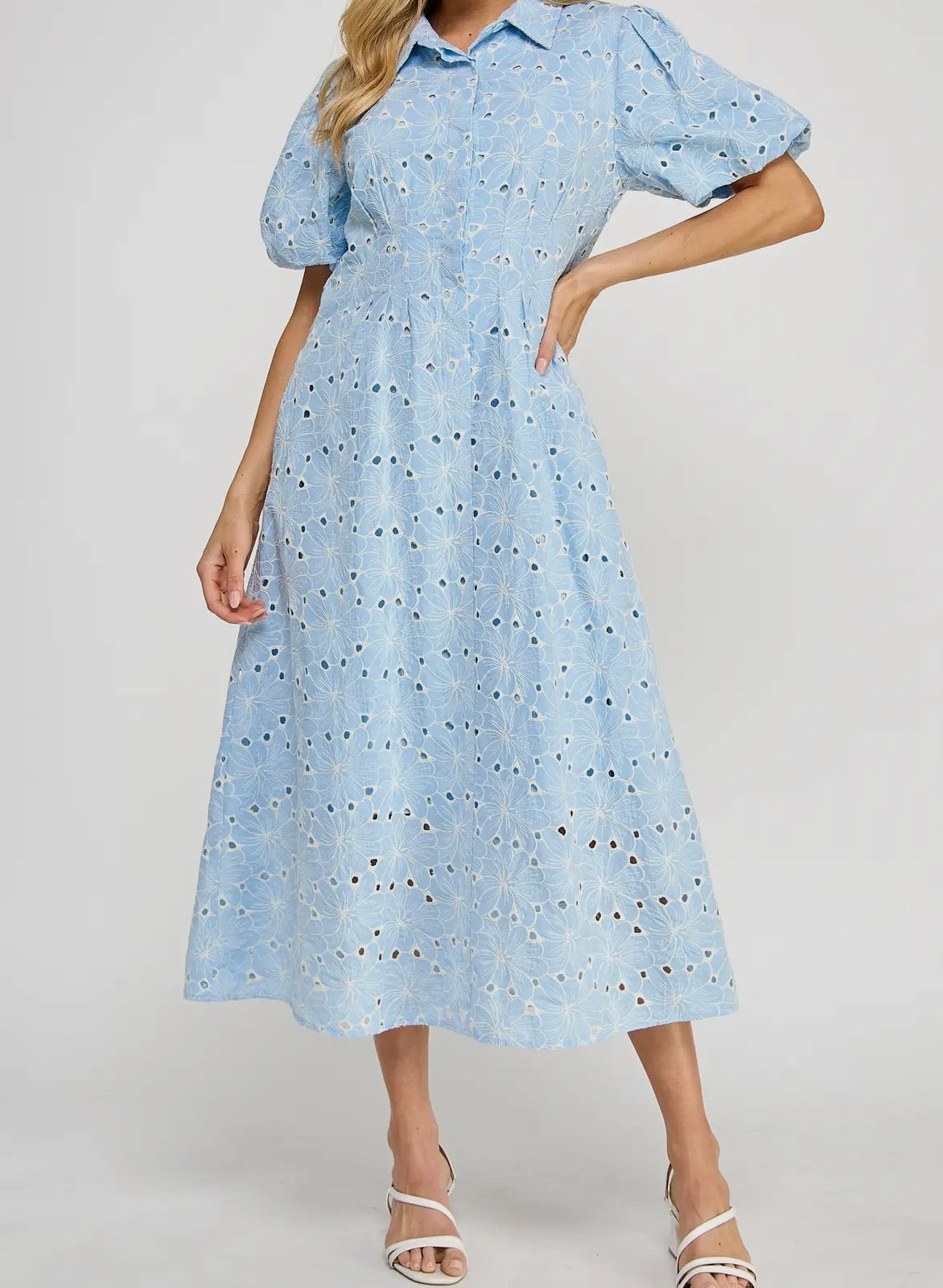 EAB Favorites Floral Embroidered Blue Midi Dress