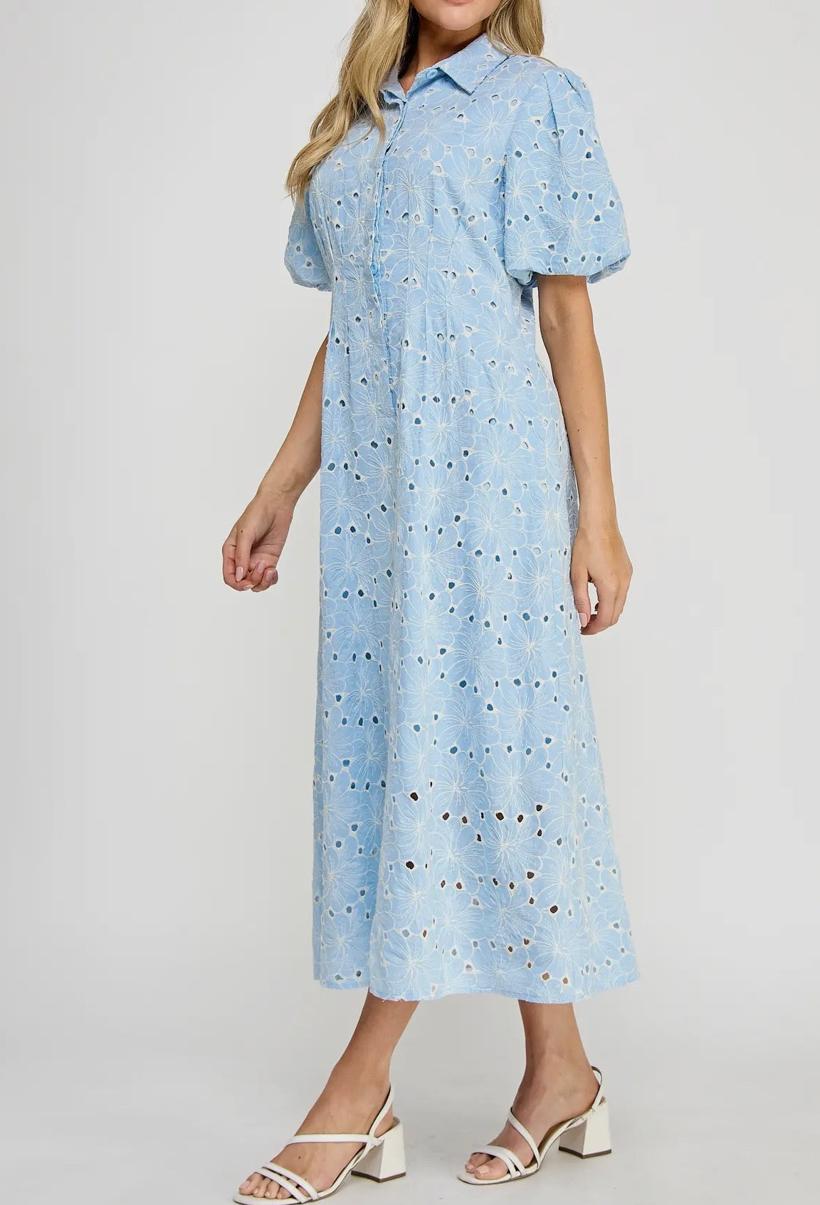 EAB Favorites Floral Embroidered Blue Midi Dress