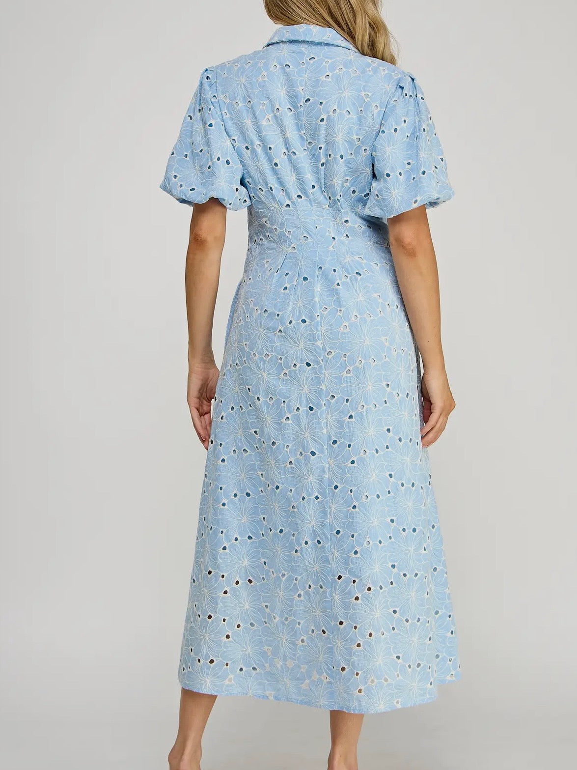 EAB Favorites Floral Embroidered Blue Midi Dress