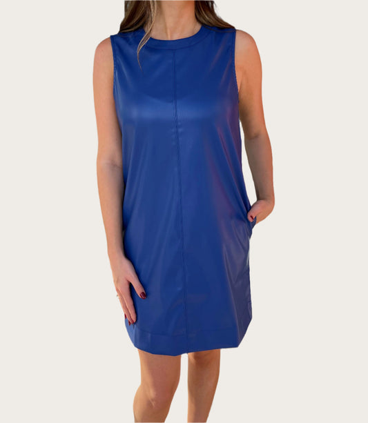 Joy Joy Sleeveless Pleather Dress- Royal Blue