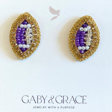 Gaby and Grace Purple and Gold GameDay Football Dainty Stud Earrings