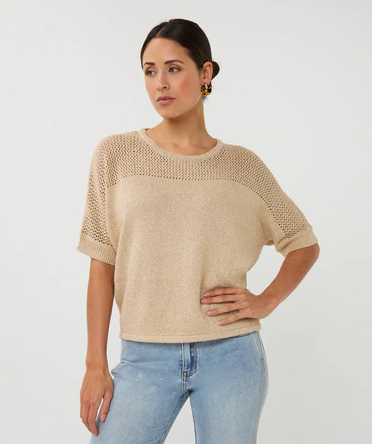 Esqualo Textured Knit Short Sleeve Top – Sand