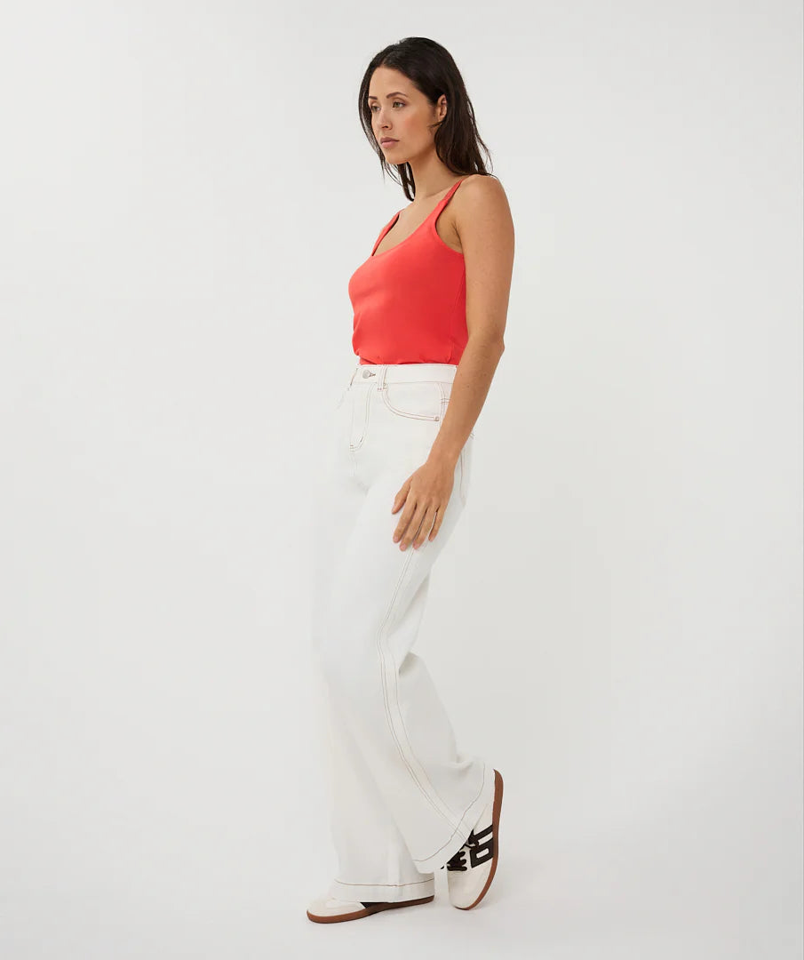 Esqualo Wide Leg Denim Contrast Stitch Pants - White