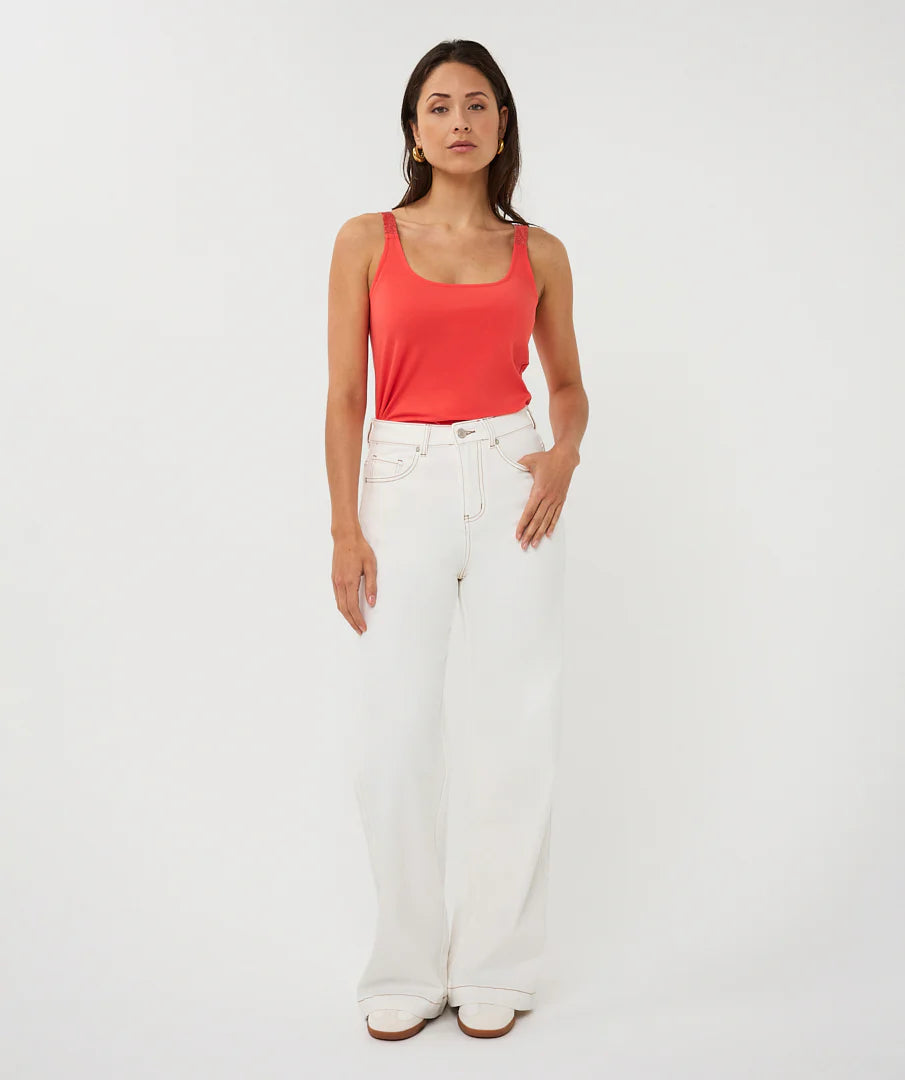 Esqualo Wide Leg Denim Contrast Stitch Pants - White