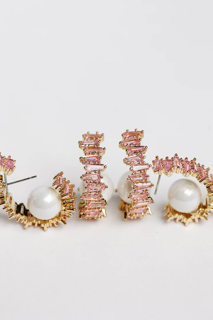 St. Armands Designs Pink Rhinestone and Pearl Statement Hoop Earrings