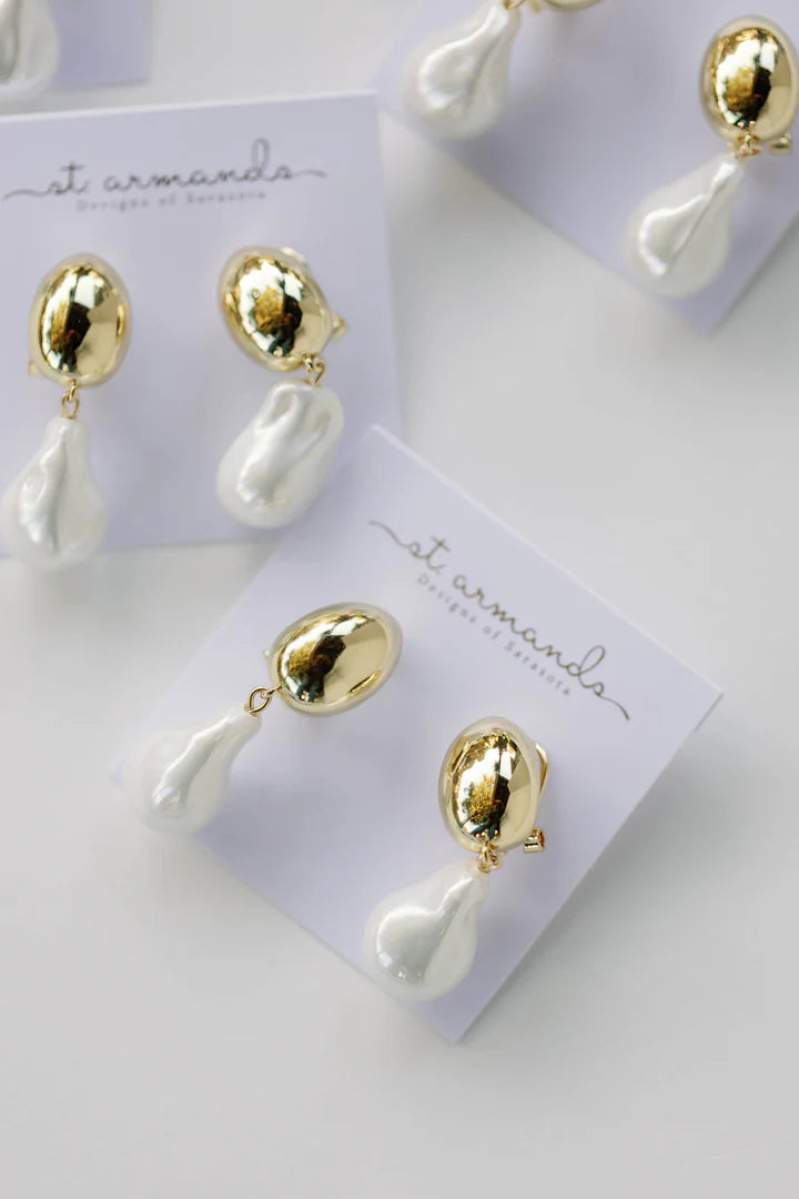 St. Armands Designs Vintage Chunky Gold and Pearl Statement Drop Earrings