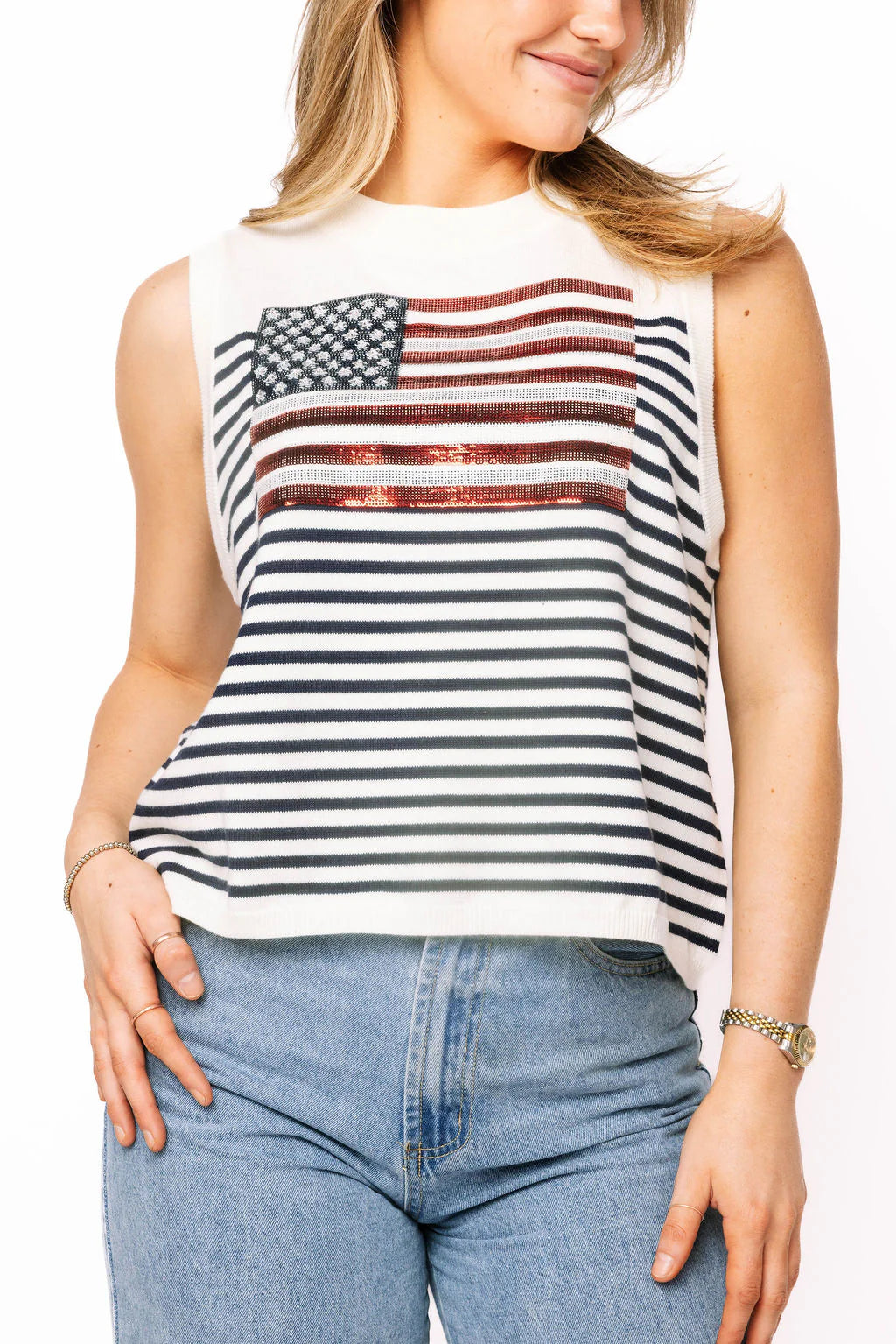 Queen of Sparkles Knit American Flag Stripe Tank