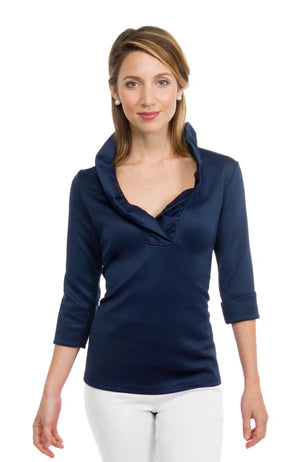 Gretchen Scott Jersey Ruffneck Top - Solid Navy