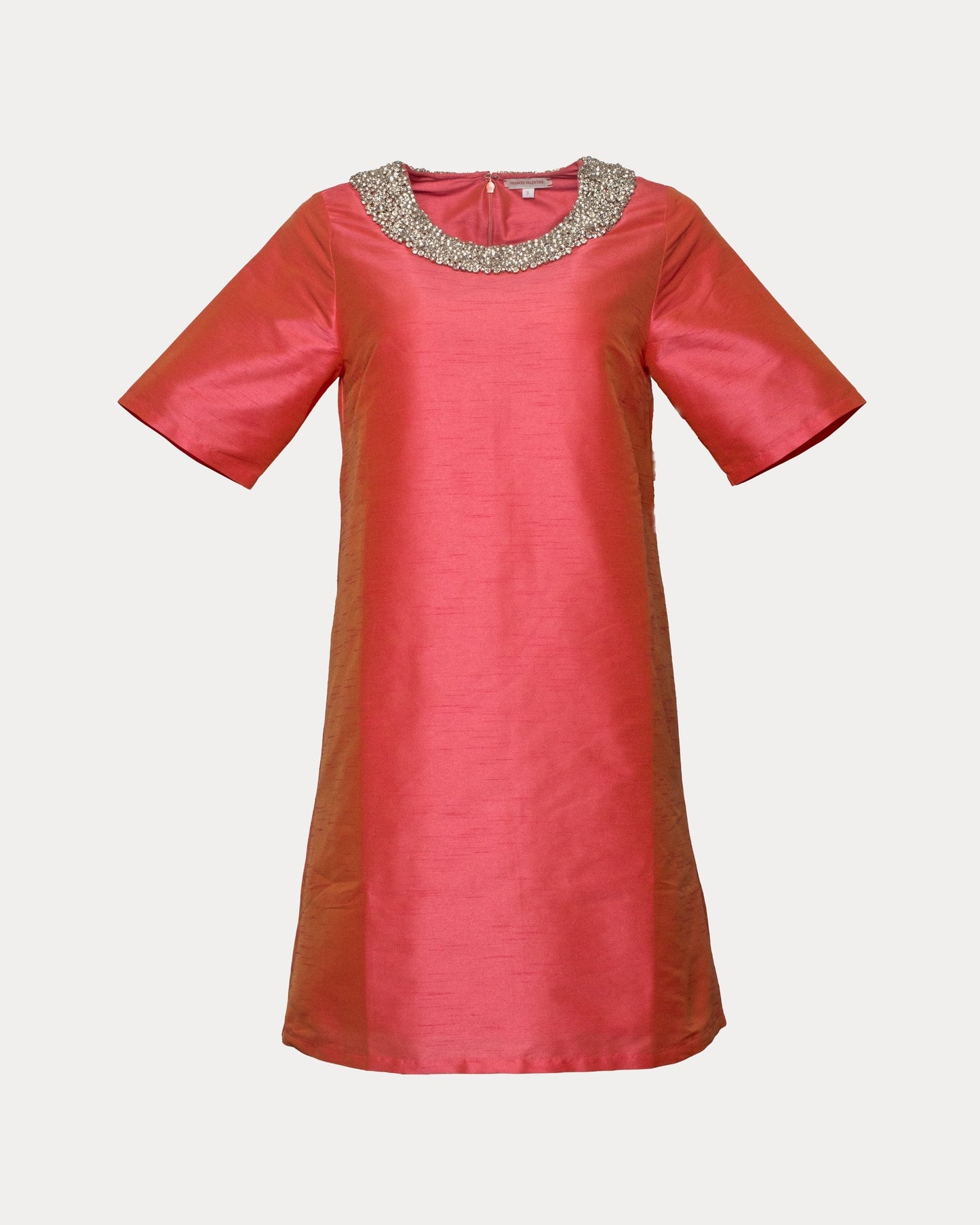Frances Valentine Tabby Shift Dress w/ Jewel Collar - Coral