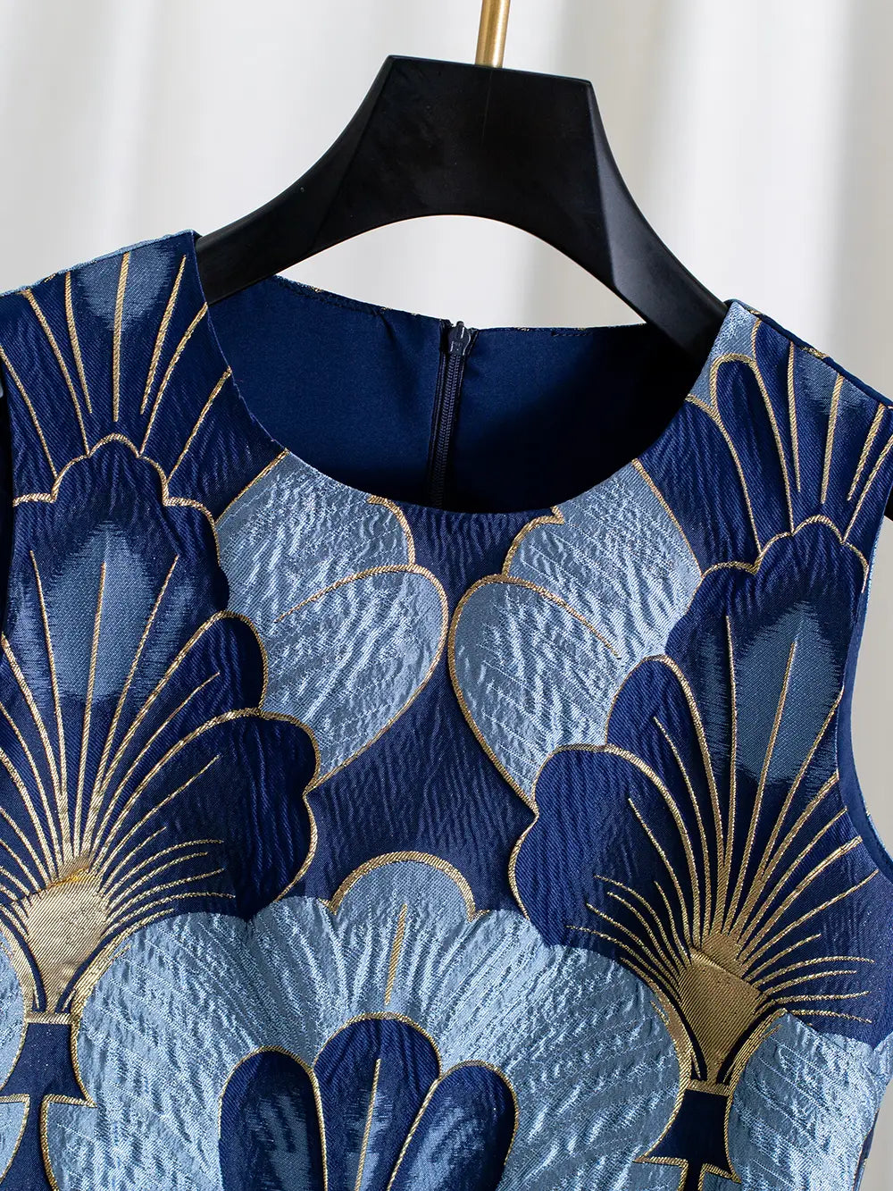 Jacquard Sleeveless Elegant Mini Dress - Blue/Gold
