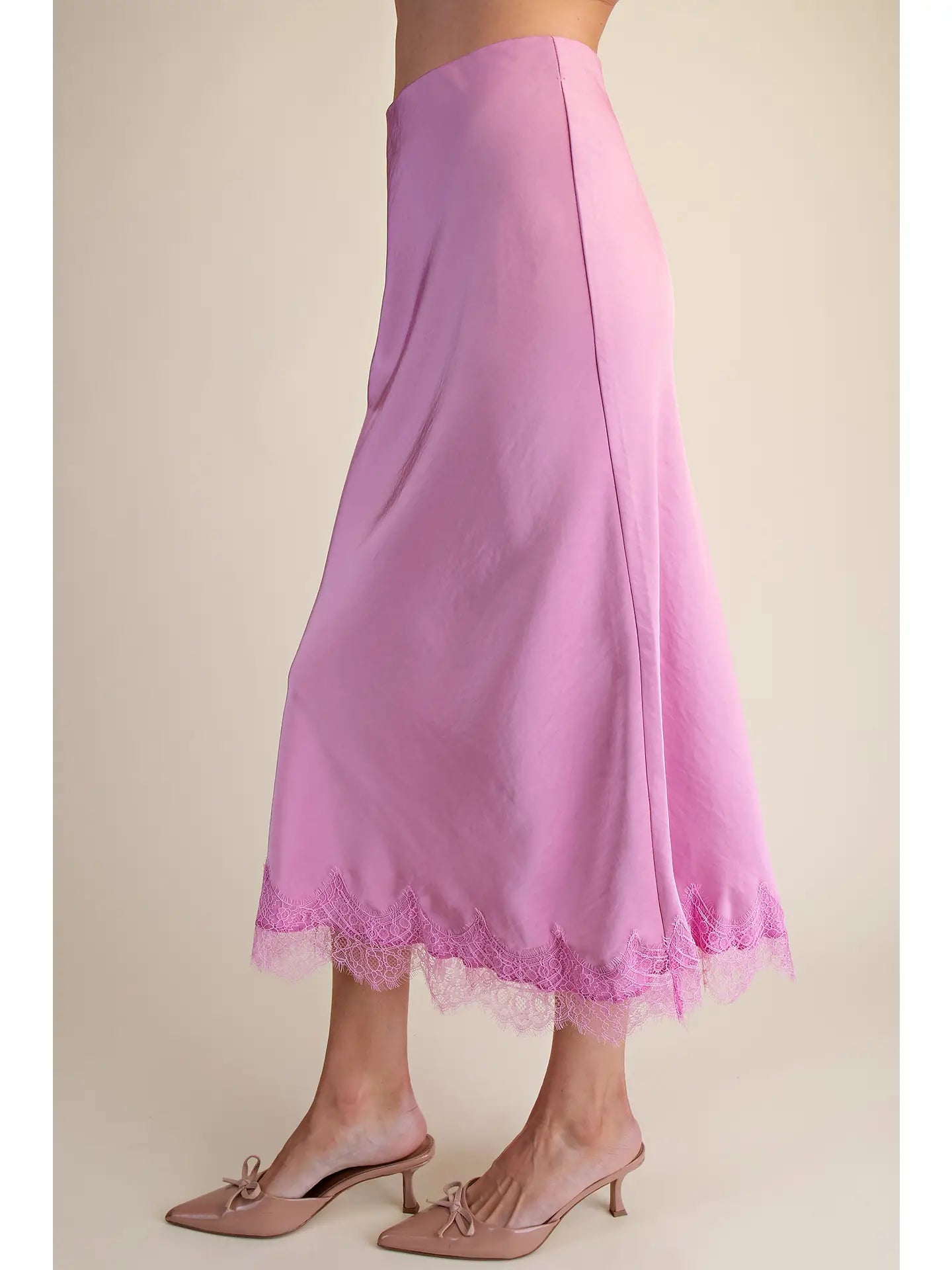 Lace Satin Effect Midi Skirt - Pink