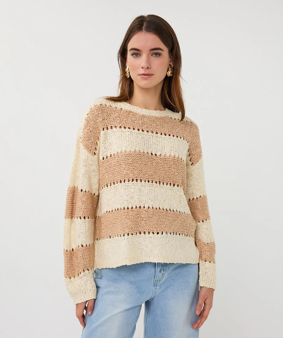 Esqualo Striped Open Knit Sweater - Ecru