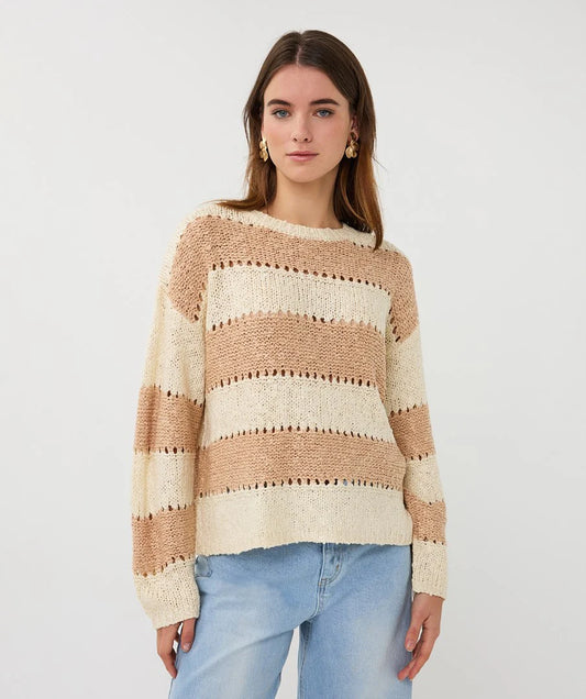 Esqualo Striped Open Knit Sweater - Ecru