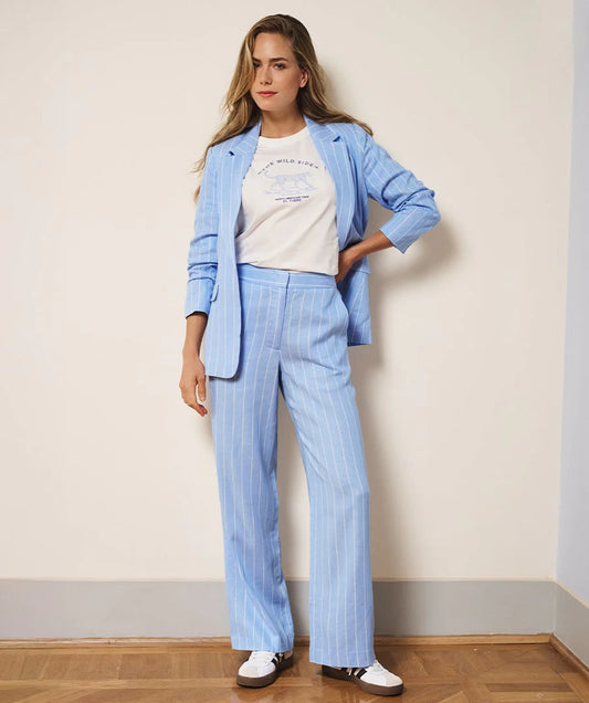 Esqualo Striped Linen Blend Trousers - Pacific Blue/White