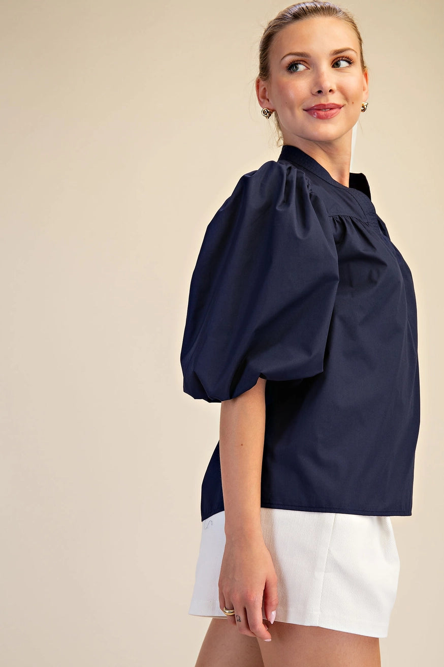 V-Neck Bubble Sleeve Poplin Top