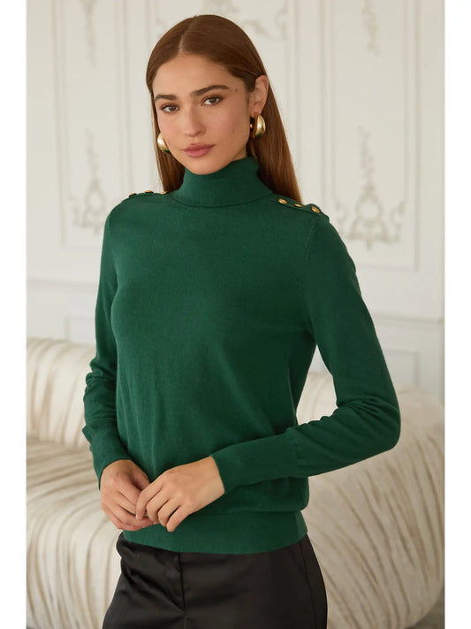 EAB Favorites Turtleneck Sweater w/ Button Detail - Hunter Green