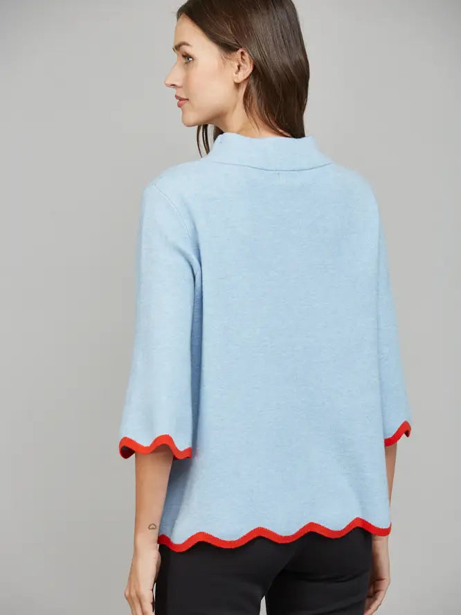 EAB Favorites Scallop Edge Mock Neck Sweater - Powder Blue & Red