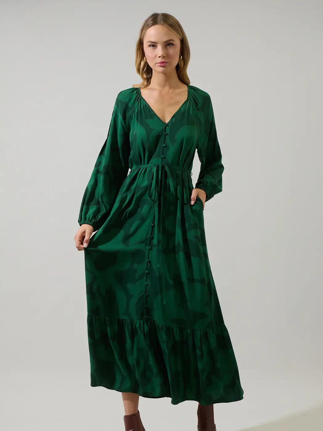 Benti Abstract Larrie Button Down Maxi Dress - Emerald