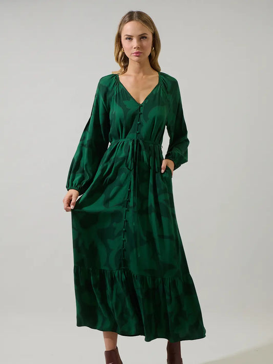 Benti Abstract Larrie Button Down Maxi Dress - Emerald