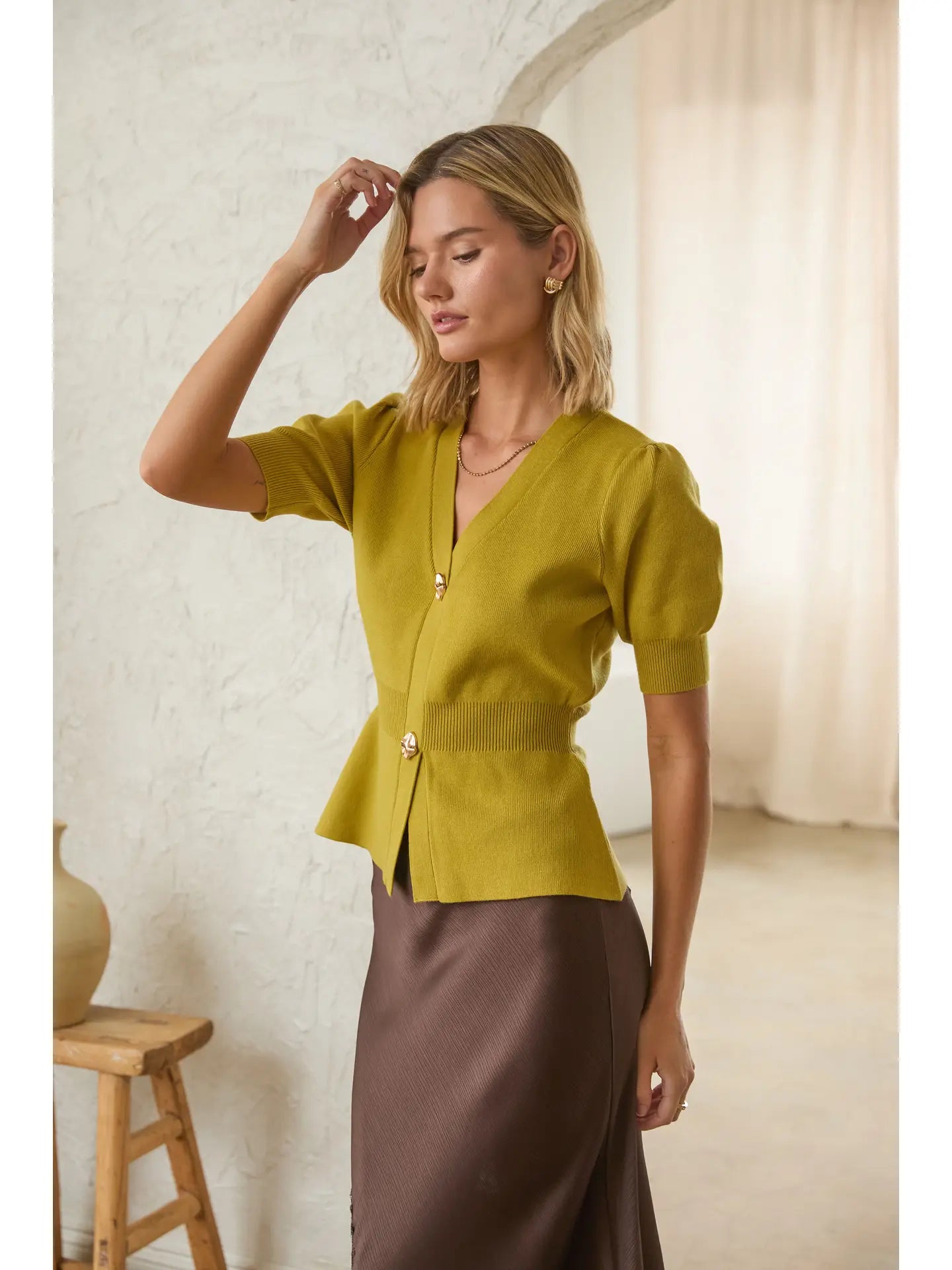 Ribbed Short Sleeve Cardigan w/ Gold Buttons - Chartreuse