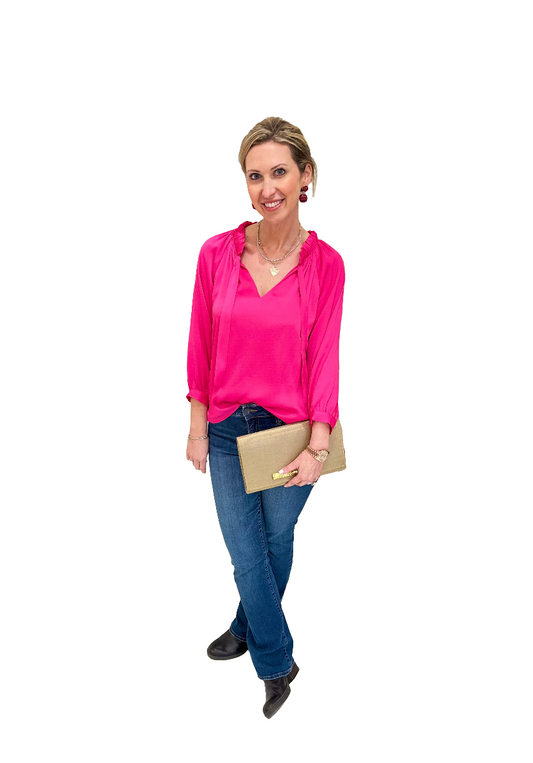 Jade Fuchsia Ruch Neck Peasant Top