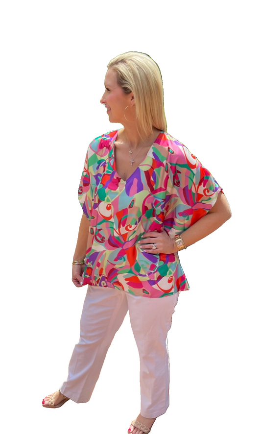 Jade V-Neck Pullover - Multi Abstract