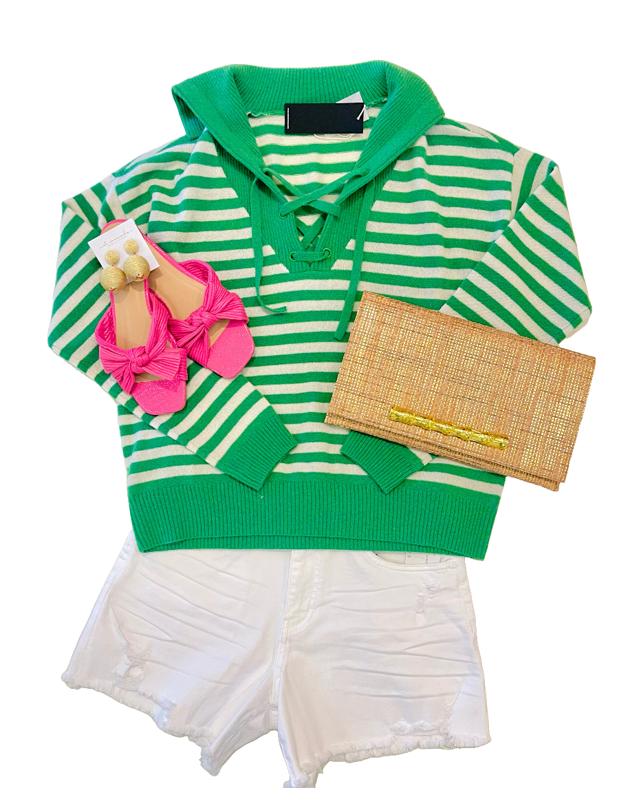 MinnieRose Cashmere Striped Lace Up Pullover - Green/White