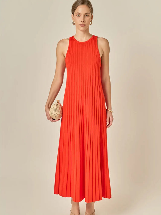 English Factory Pleated A-Line Knit Midi Dress - Orange