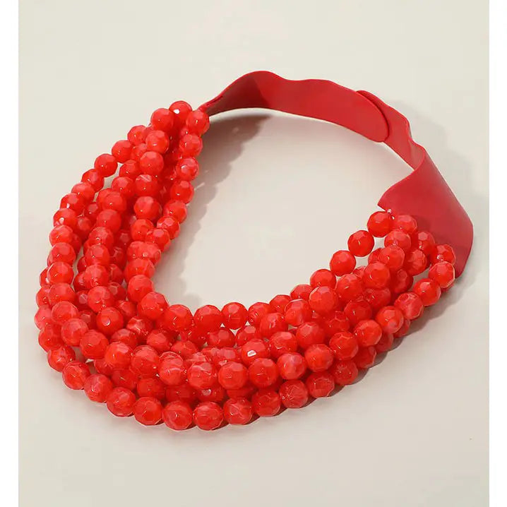 Chunky Beaded Layered Necklace - Red