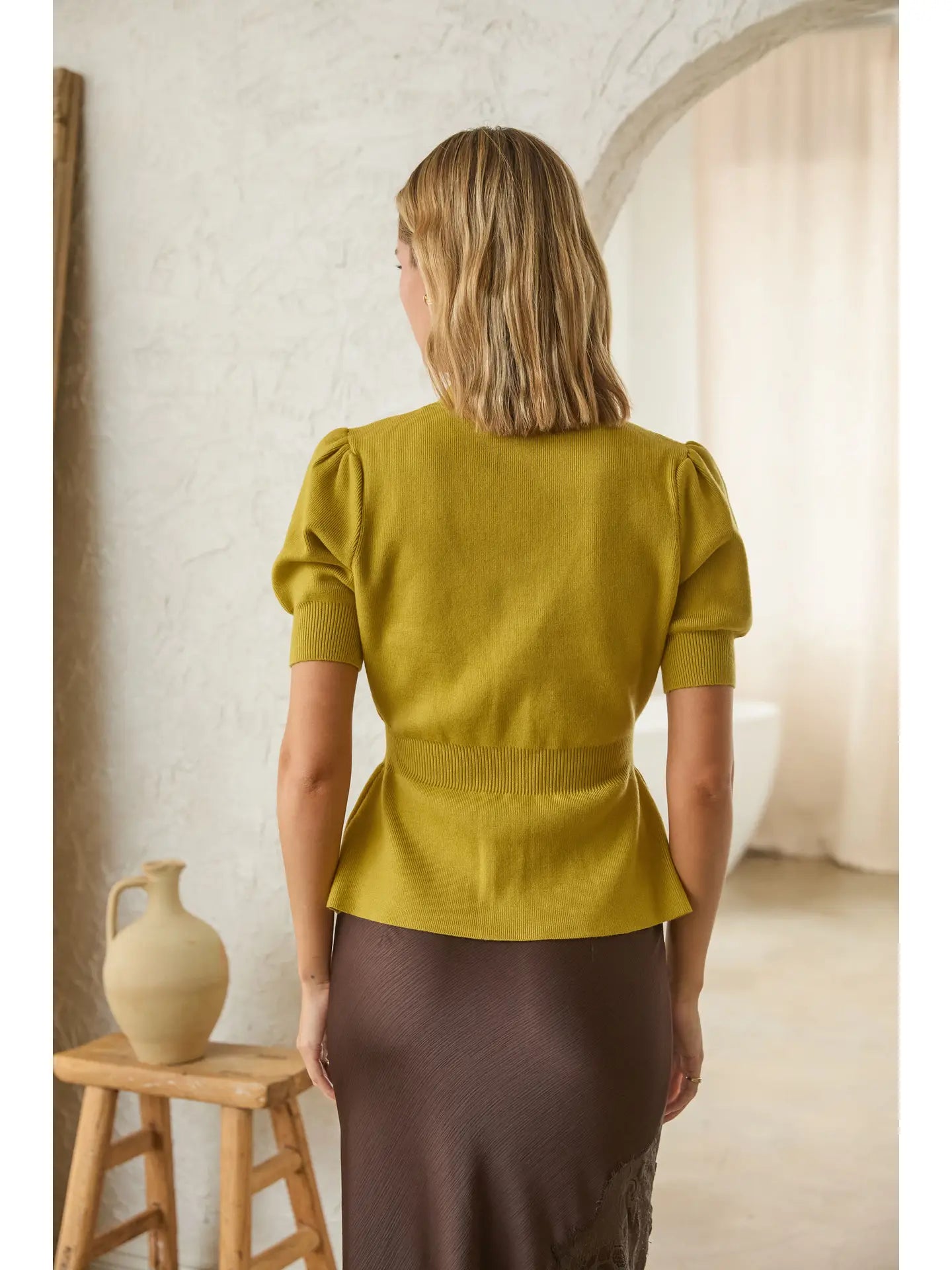 Ribbed Short Sleeve Cardigan w/ Gold Buttons - Chartreuse