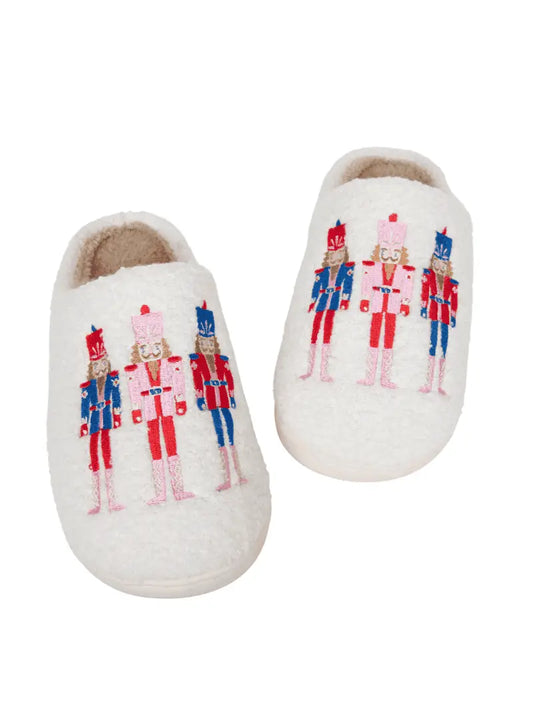 Nutcracker Christmas Sherpa Slippers - White