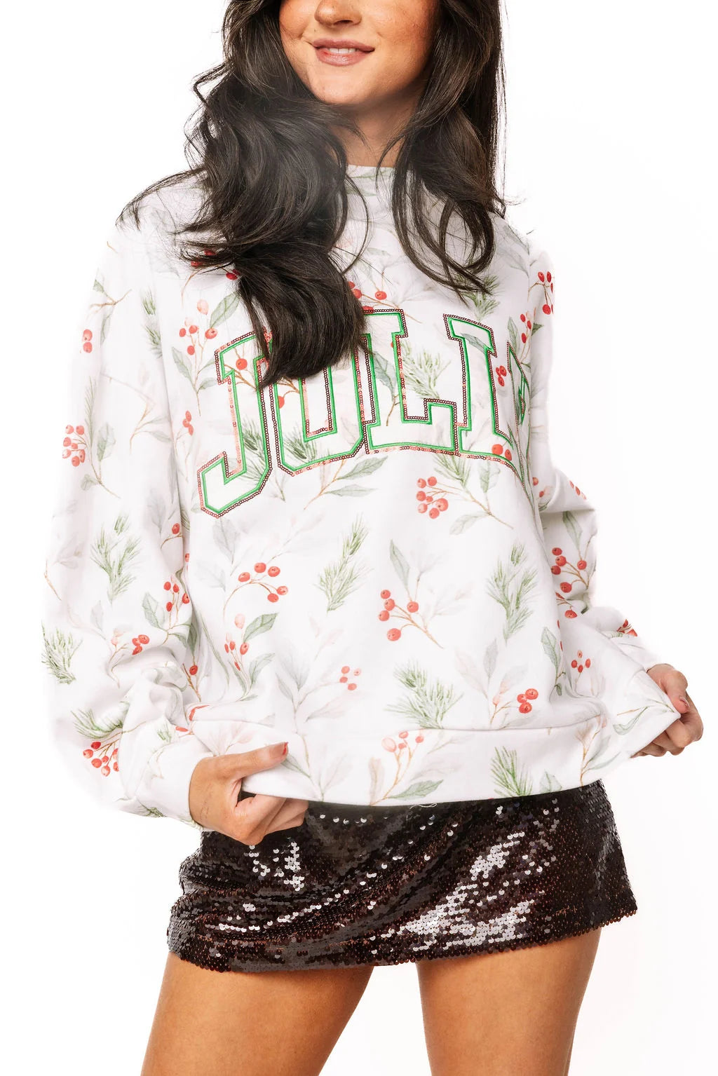 Queen of Sparkles Holly Print "Jolly" Mockneck Sweatshirt