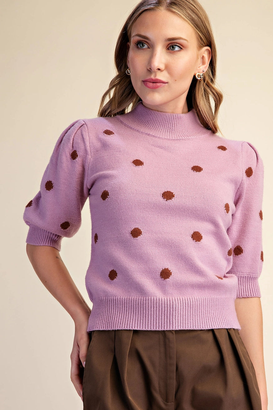 Polka Dot Mock Neck Sweater - Dusty Pink
