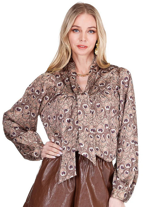 Joy Joy Round Yoke Tie Front Blouse - Brown Peacock