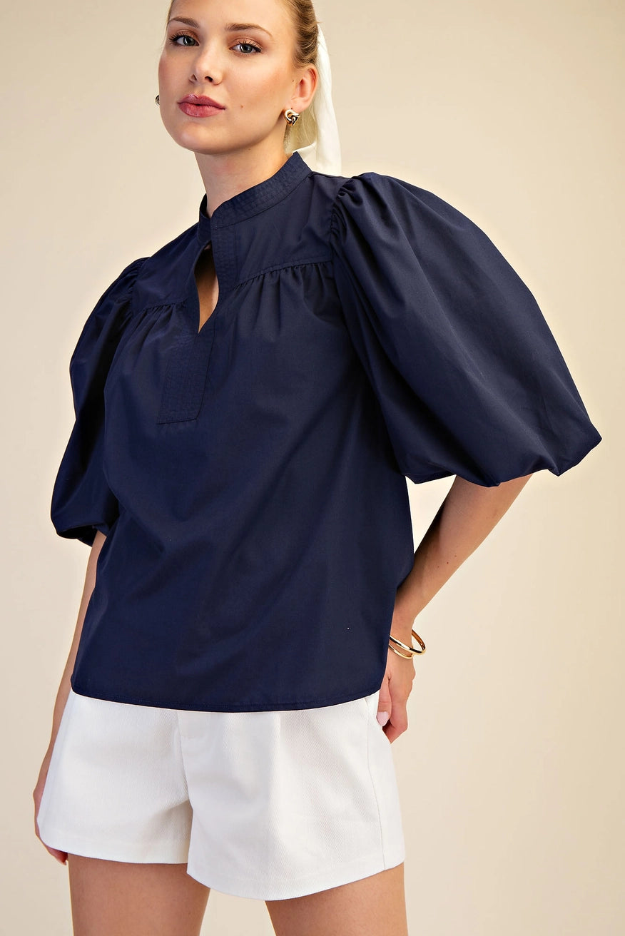 V-Neck Bubble Sleeve Poplin Top