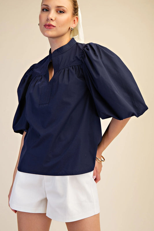 V-Neck Bubble Sleeve Poplin Top