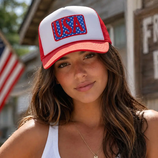 USA Embroidered Polka Dot Patch Trucker Hat
