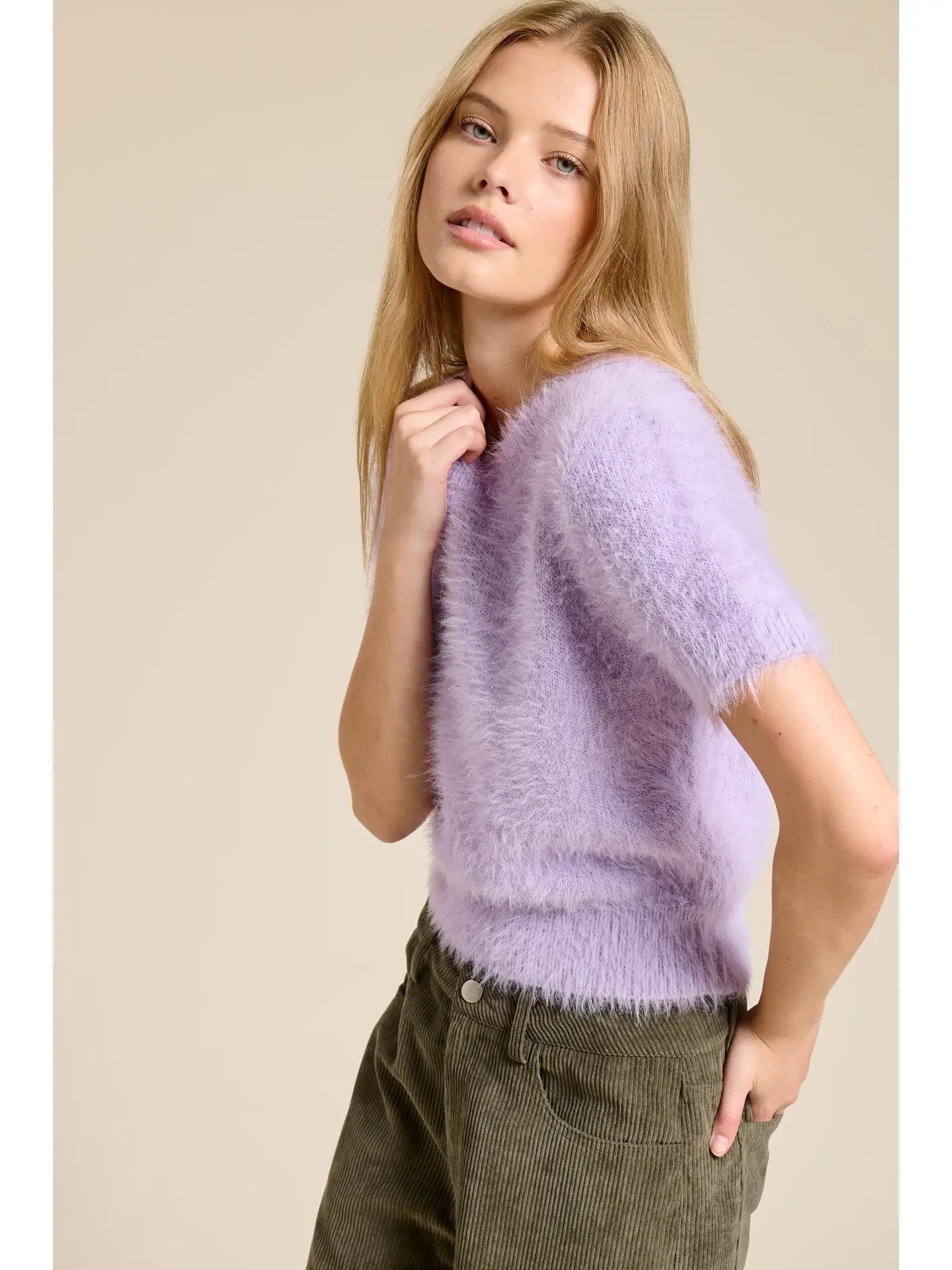 Purple Fuzzy Knit Cropped Sweater Lilac