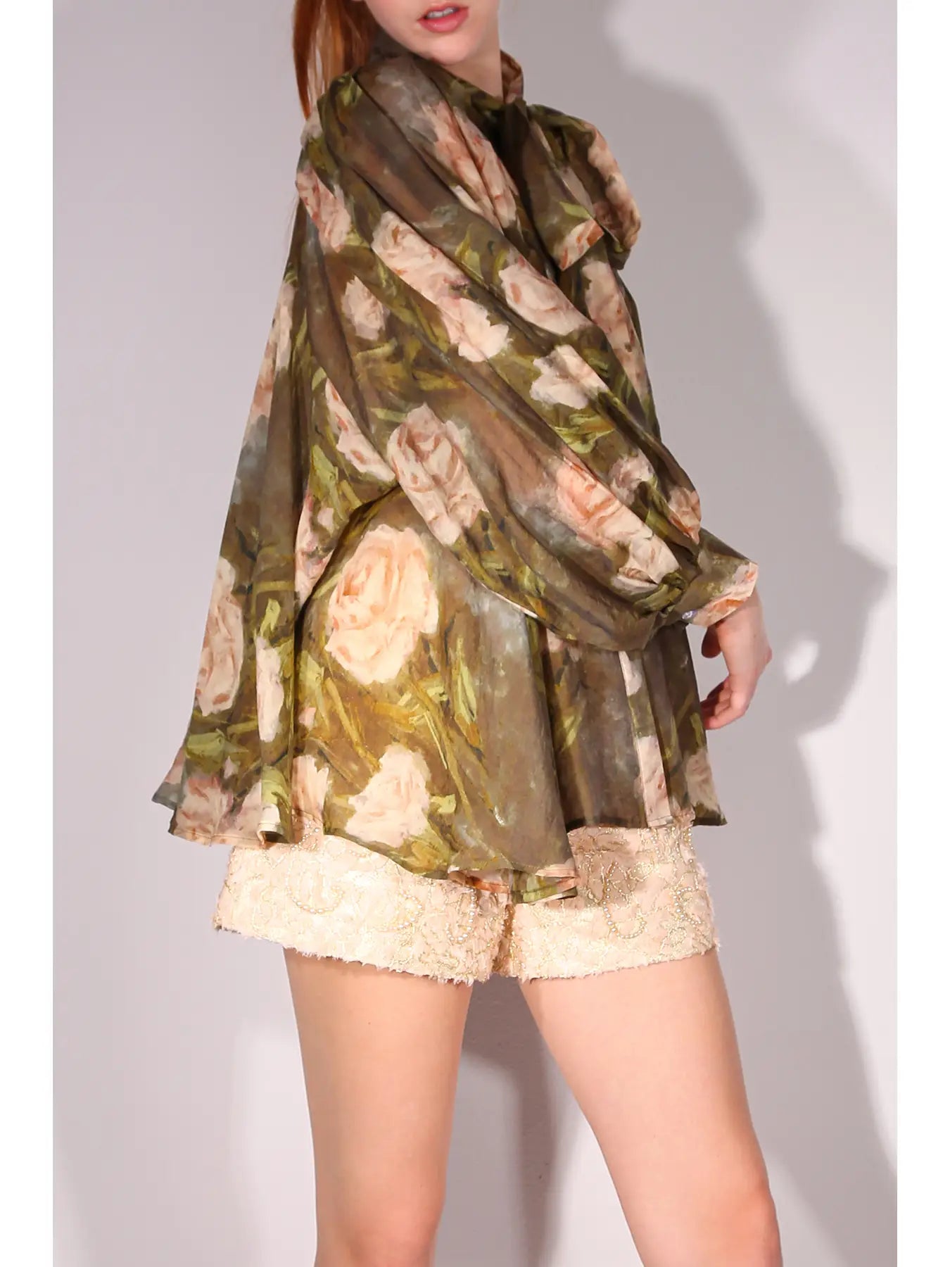 Floral Bowtie Neck Chiffon Blouse